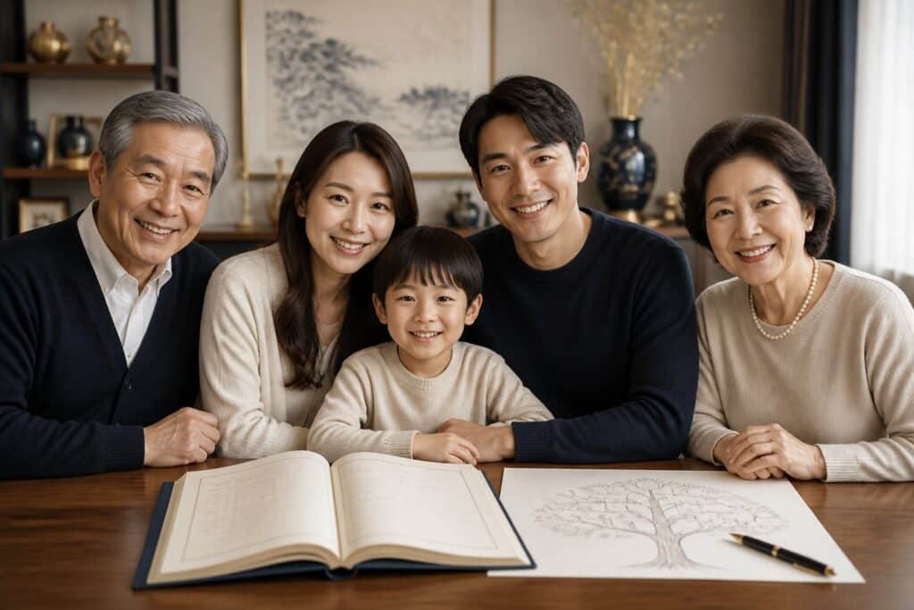 조부모와 부모, 자녀 3대가 가족관계 서류와 가계도를 펼쳐 놓고 함께 앉아 있는 모습